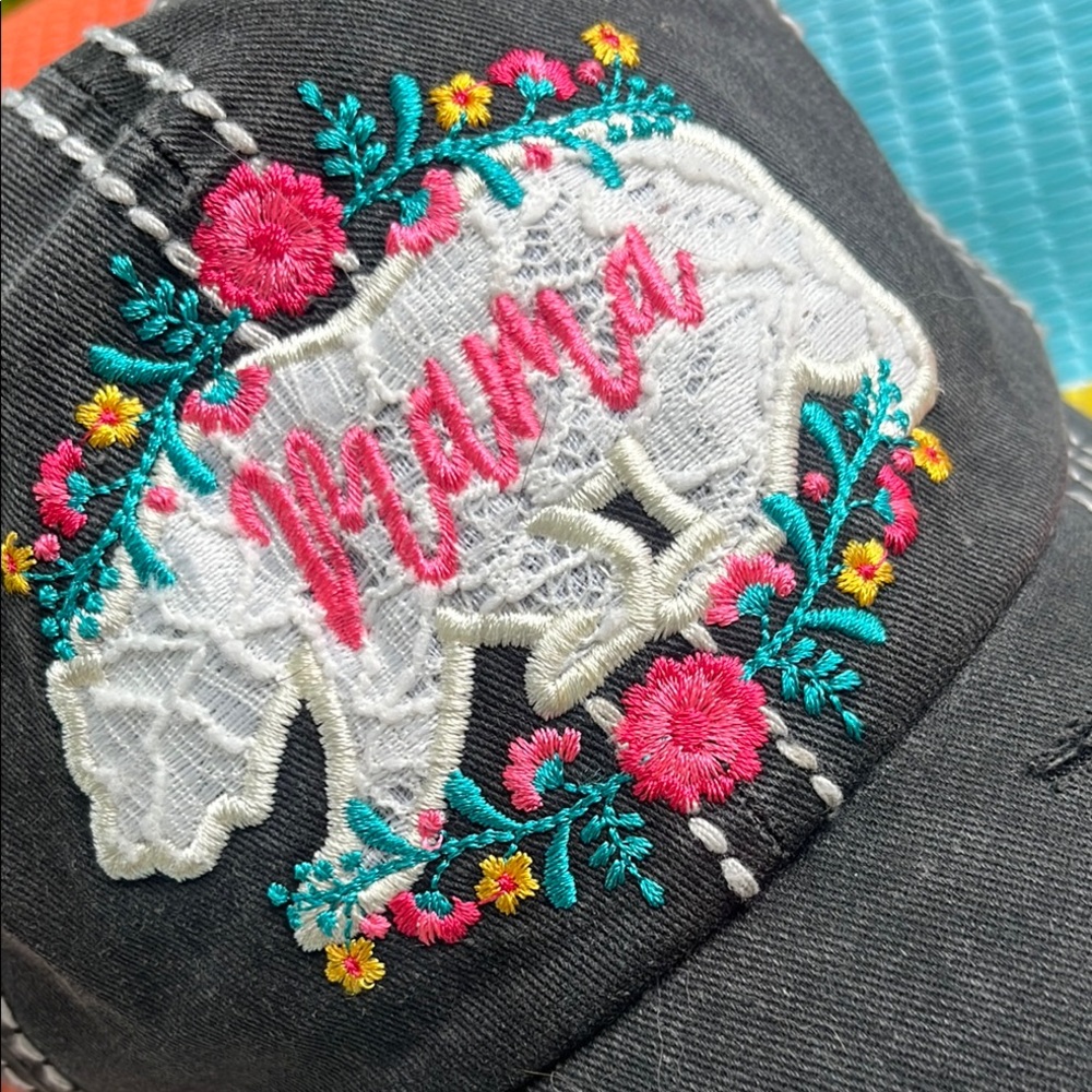 ❌SOLD❌Black Distressed Mama Cap with Floral Embroidery - Picture 4 of 10